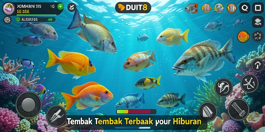 Gameplay seru DUIT8 dengan ikan berwarna-warni.