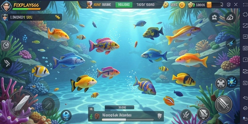 Tampilan dinamis gameplay FIXPLAY666 dengan aksi Tembak Ikan yang seru.
